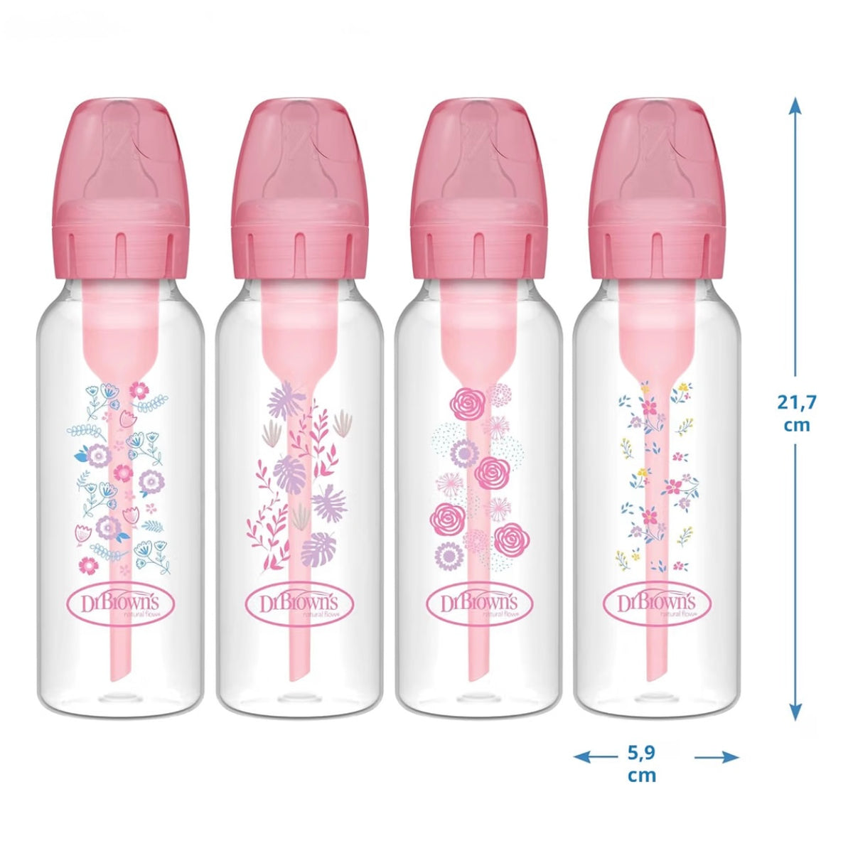Dr. Brown’s Natural Flow 4 Biberones Anti-Colic Options Floral Rosa 8 onzas, Tetina de Flujo Lento Nivel 1, 0m+