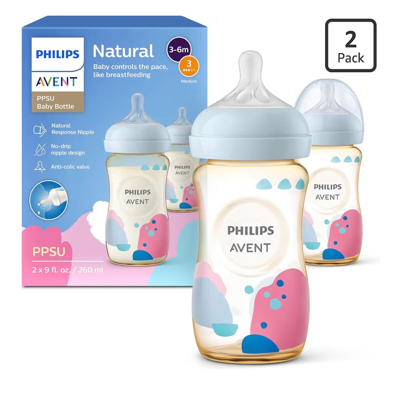 Philips Avent 2 Biberones 9oz Decorado Ambar