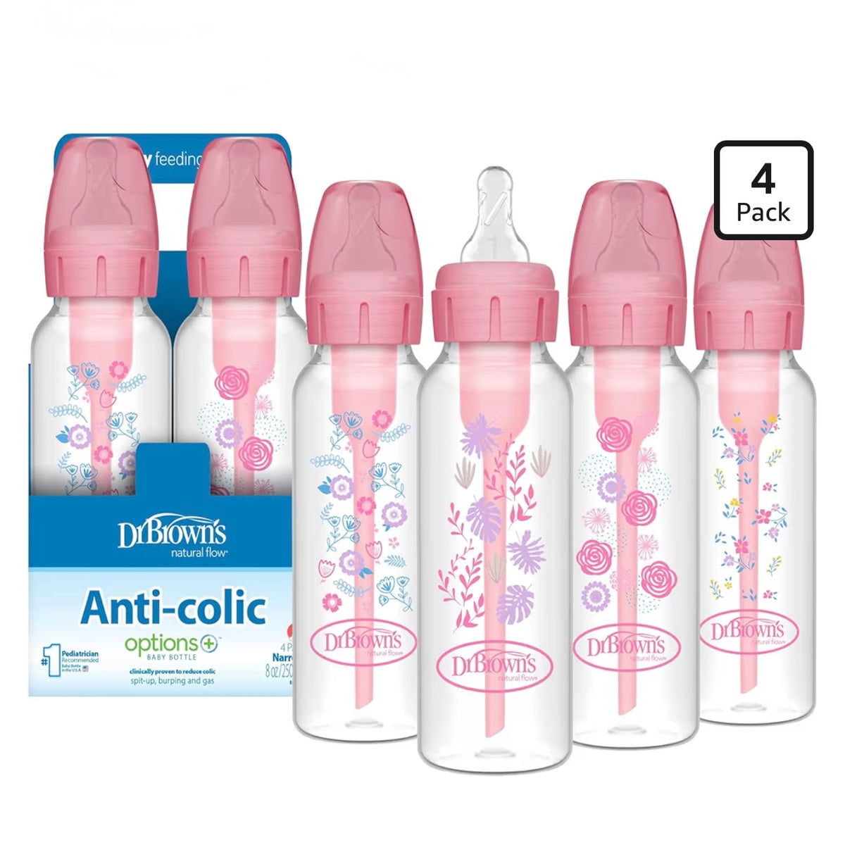 Dr. Brown’s Natural Flow 4 Biberones Anti-Colic Options Floral Rosa 8 onzas, Tetina de Flujo Lento Nivel 1, 0m+
