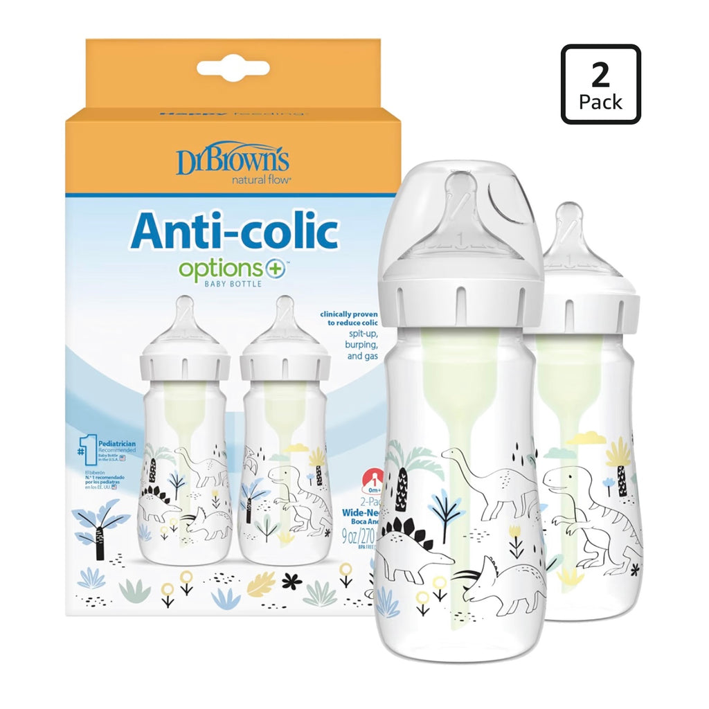 Dr. Brown’s 2 Biberones Cuello Ancho Anti-Colic Options 9 onzas, Tetina de Flujo Lento Nivel 1, 0m+