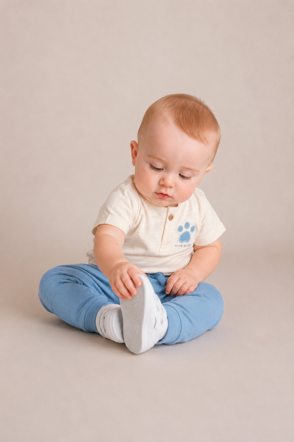 Conjunto Perrito Azul/Beige Camiseta + Pantalón + Babero Bebé Niño