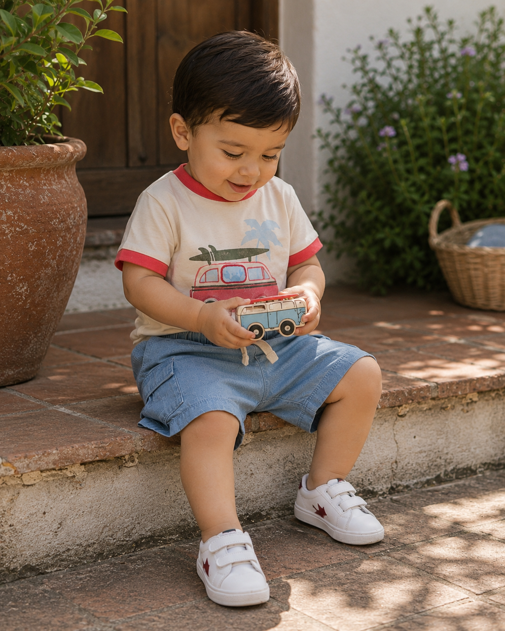 Conjunto Crema/Azul Playa Camiseta + Short + Bodie Bebé Niño