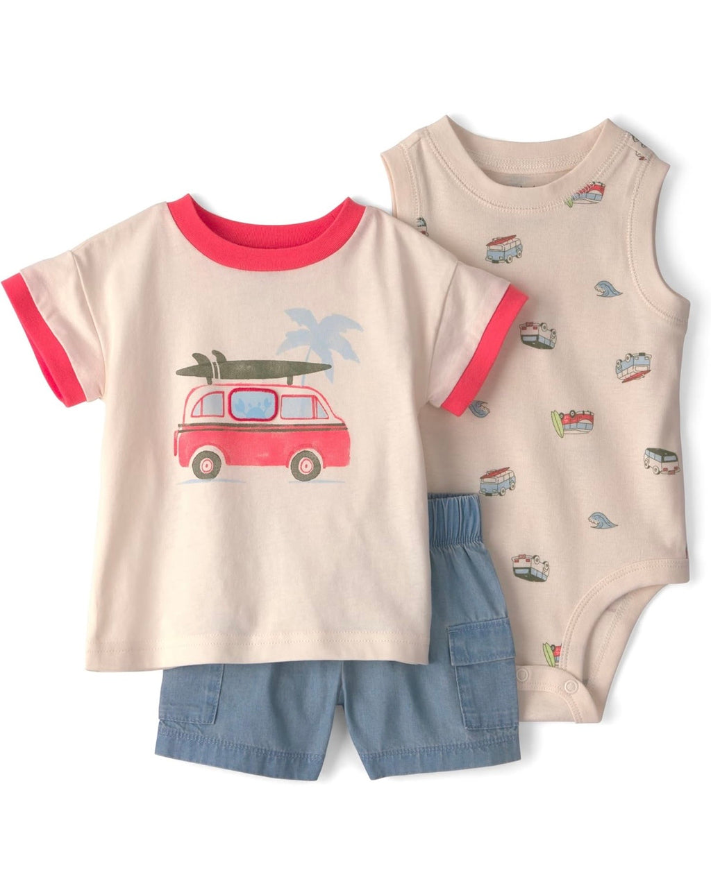 Conjunto Crema/Azul Playa Camiseta + Short + Bodie Bebé Niño