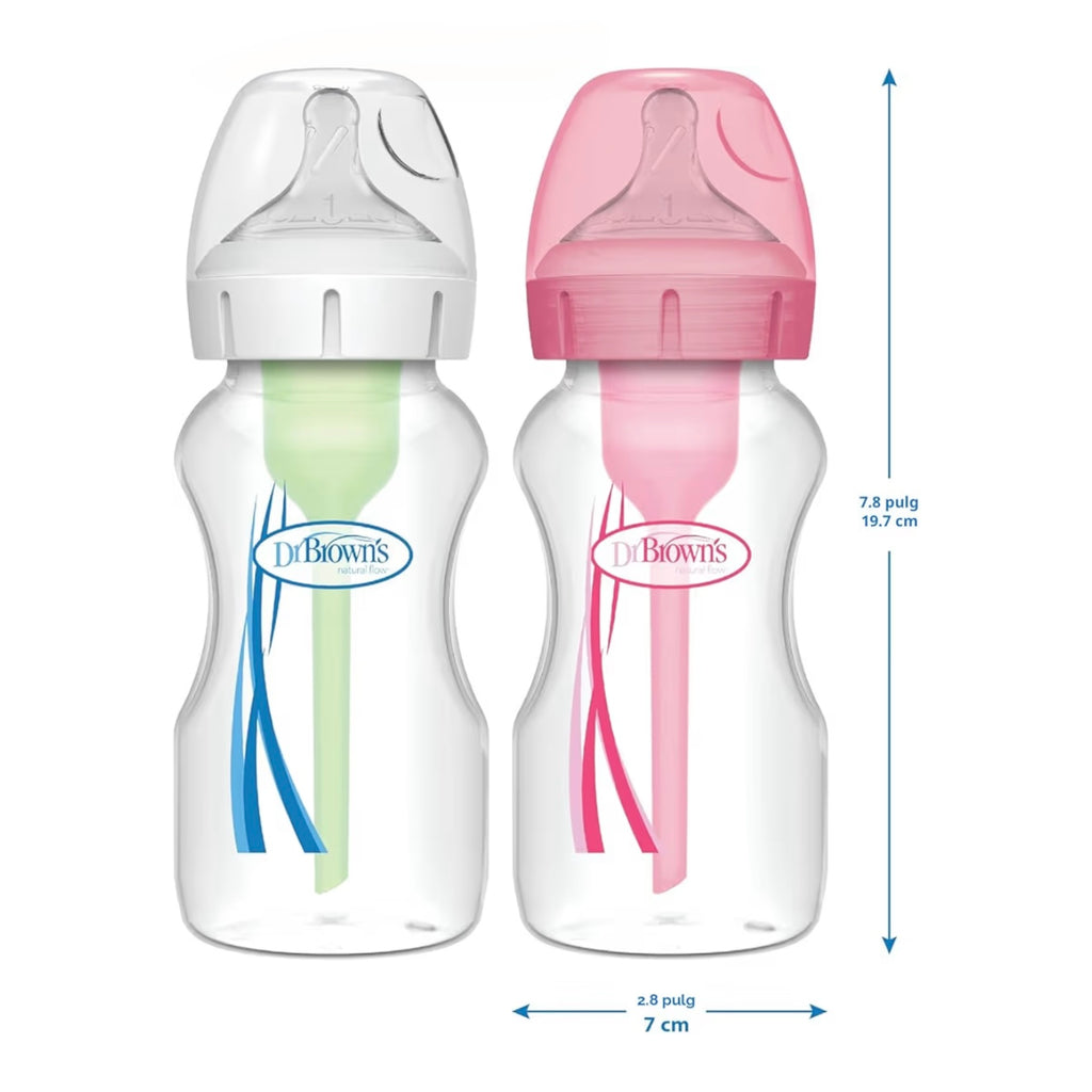 Dr. Brown’s 4 Biberones Cuello Ancho Anti-Colic Options 9 onzas, Tetina de Flujo Lento Nivel 1, 0m+