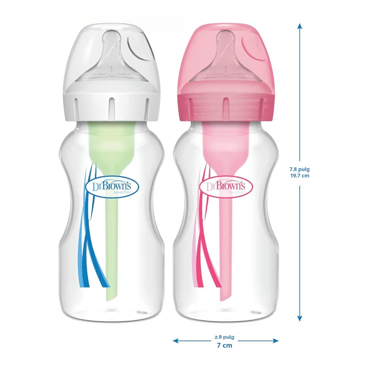 Dr. Brown’s 4 Biberones Cuello Ancho Anti-Colic Options 9 onzas, Tetina de Flujo Lento Nivel 1, 0m+