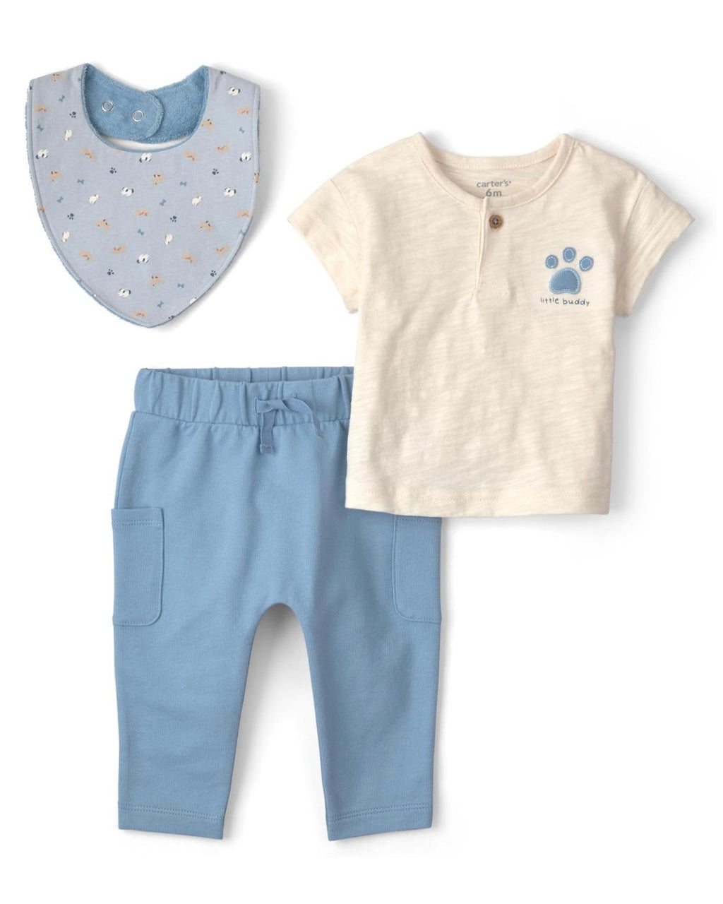 Conjunto Perrito Azul/Beige Camiseta + Pantalón + Babero Bebé Niño