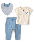 Conjunto Perrito Azul/Beige Camiseta + Pantalón + Babero Bebé Niño