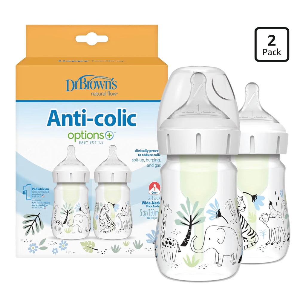 Dr. Brown’s 2 Biberones Cuello Ancho Anti-Colic Options 5 onzas, Tetina de Flujo Lento Nivel 1, 0m+