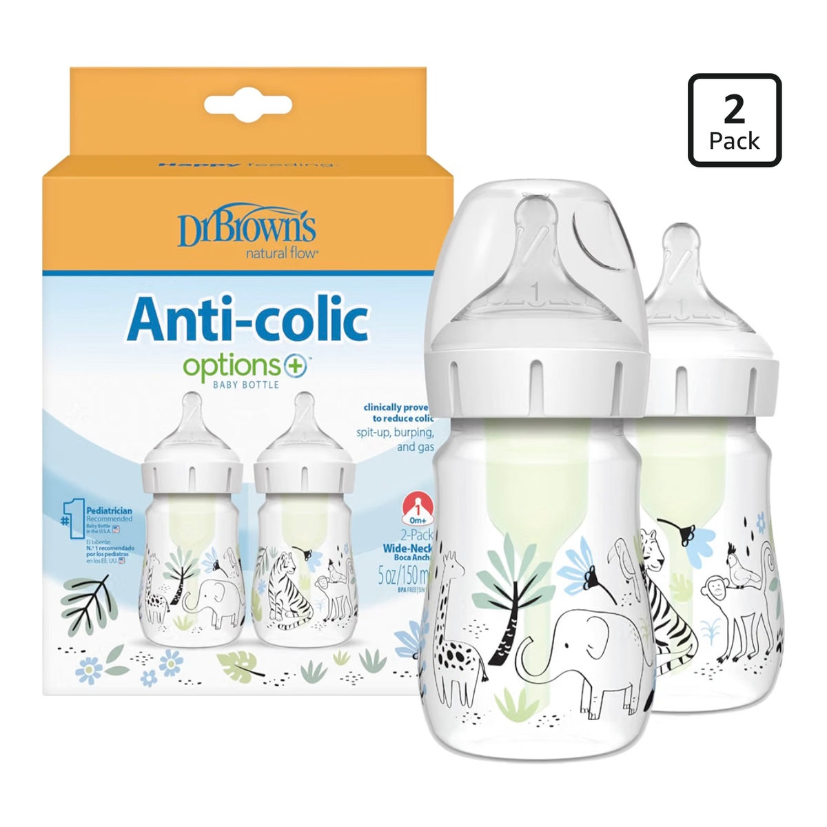 Dr. Brown’s 2 Biberones Cuello Ancho Anti-Colic Options 5 onzas, Tetina de Flujo Lento Nivel 1, 0m+
