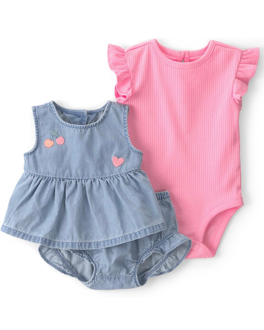 Conjunto Rosado/Azul Blusa sin Mangas + Short + Bodie Bebé Niña