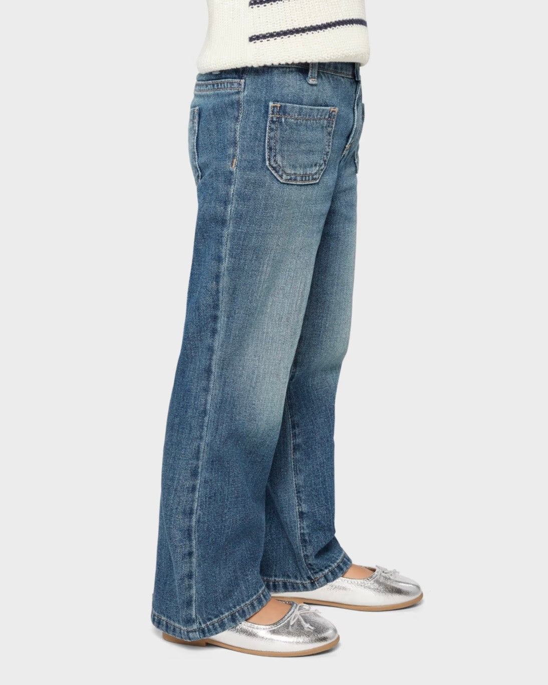Jeans Vaqueros de Pierna Ancha con Bolsillos de Parche - Azul