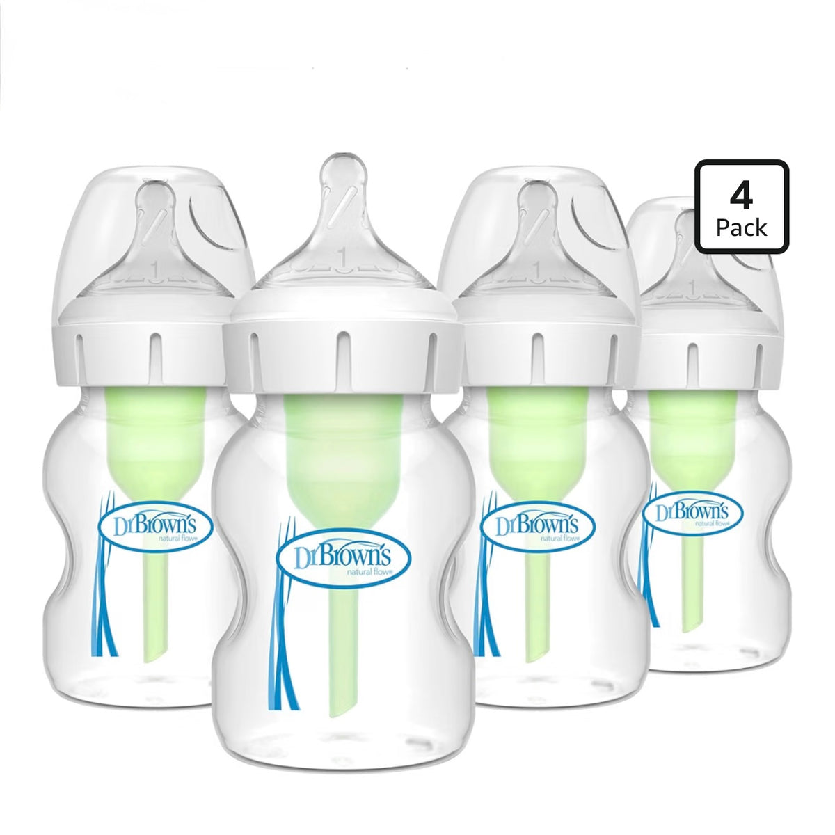 Dr. Brown’s 4 Biberones Cuello Ancho Anti-Colic Options 5 onzas, Tetina de Flujo Lento Nivel 1, 0m+