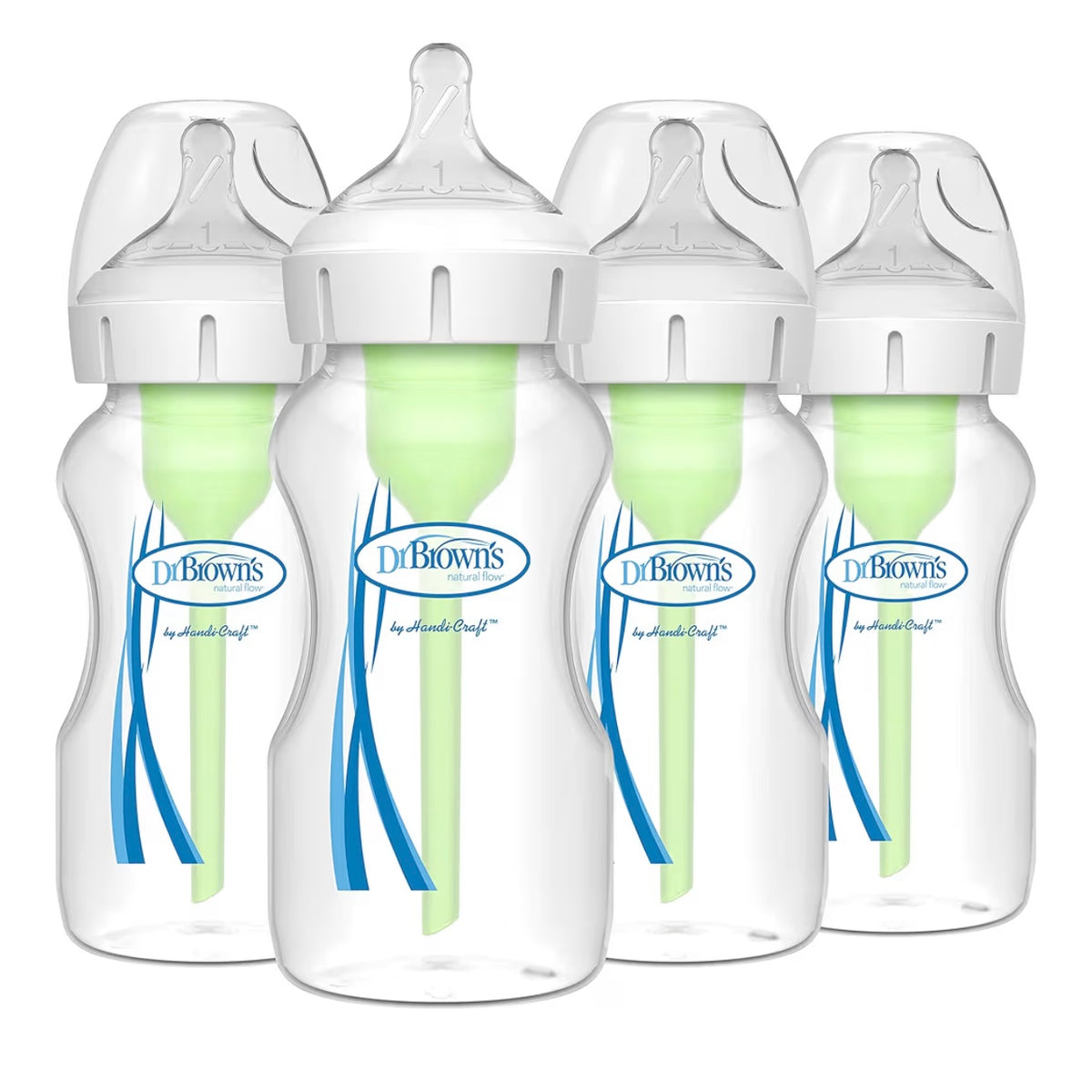 Dr. Brown’s 4 Biberones Cuello Ancho Anti-Colic Options 9 onzas, Tetina de Flujo Lento Nivel 1, 0m+