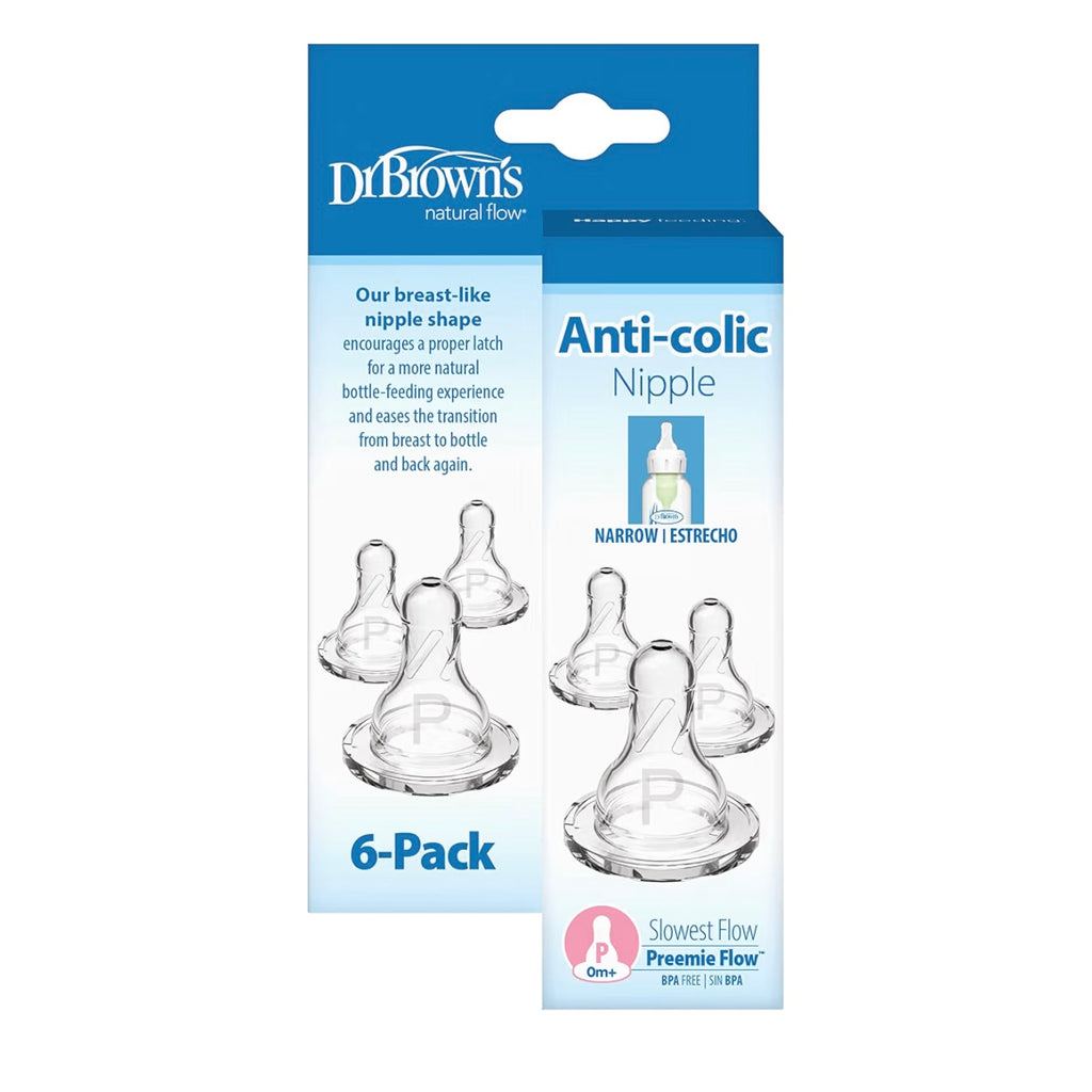 Dr. Brown’s Paquete de 6 Tetinas Natural Flow Cuello Estrecho de Flujo Prematuro, 0m+