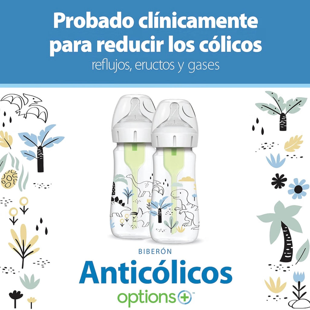 Dr. Brown’s 2 Biberones Cuello Ancho Anti-Colic Options 9 onzas, Tetina de Flujo Lento Nivel 1, 0m+