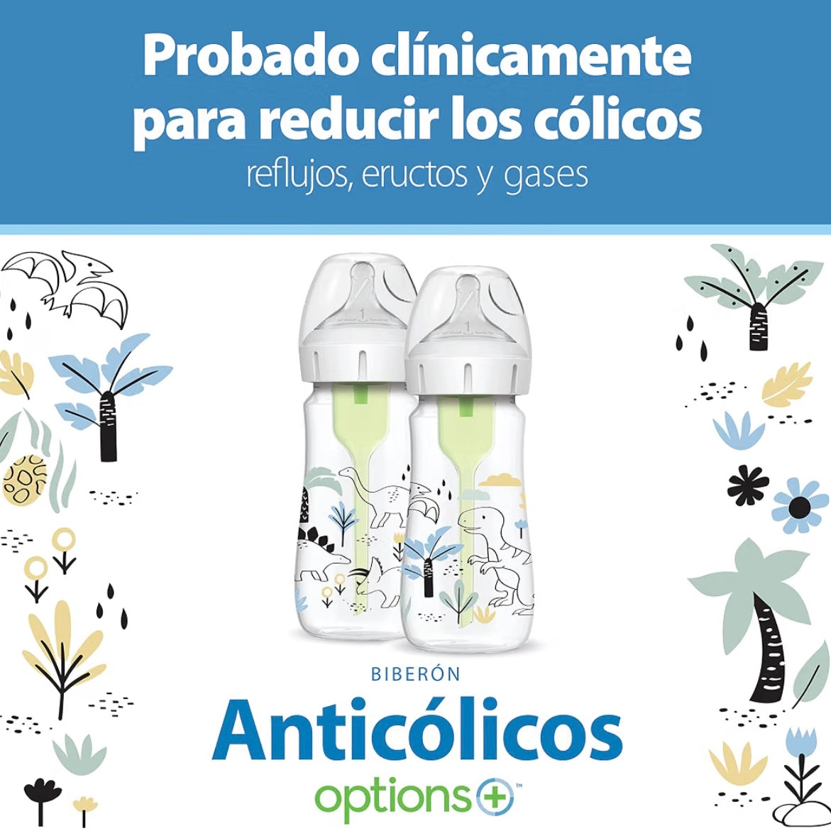 Dr. Brown’s 2 Biberones Cuello Ancho Anti-Colic Options 9 onzas, Tetina de Flujo Lento Nivel 1, 0m+