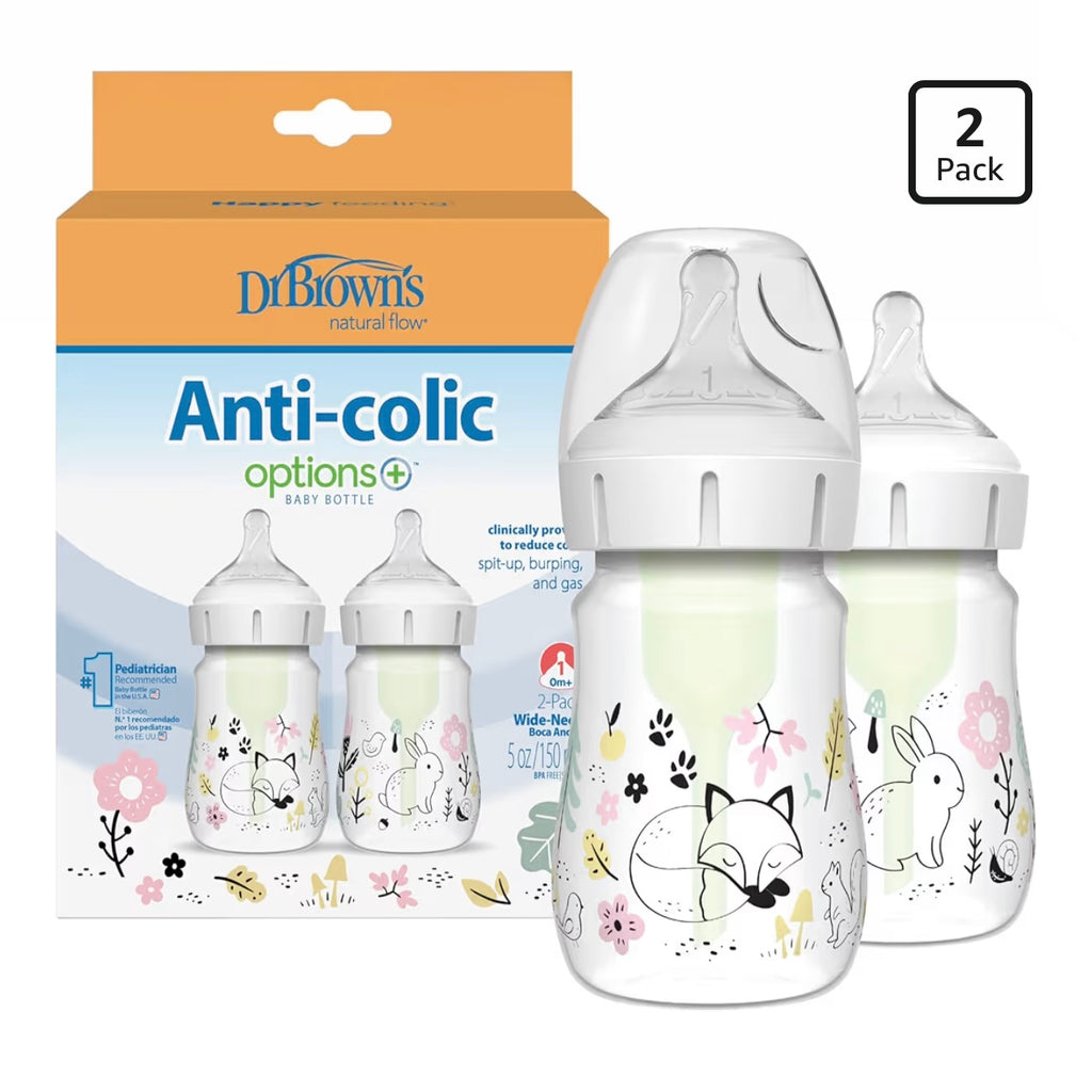 Dr. Brown’s 2 Biberones Cuello Ancho Anti-Colic Options 5 onzas, Tetina de Flujo Lento Nivel 1, 0m+