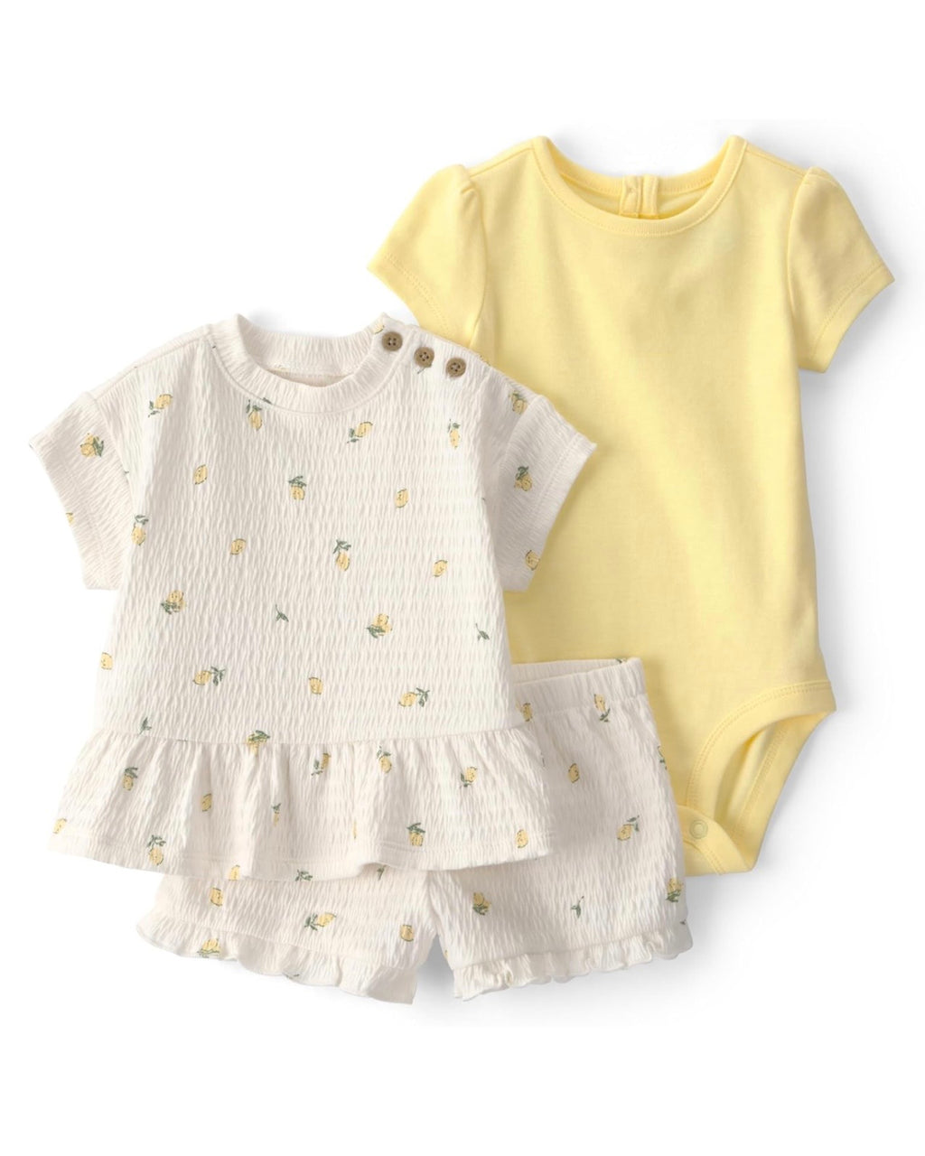 Conjunto Limones Amarillos Camiseta Manga Corta + Short + Bodie Bebé Niña