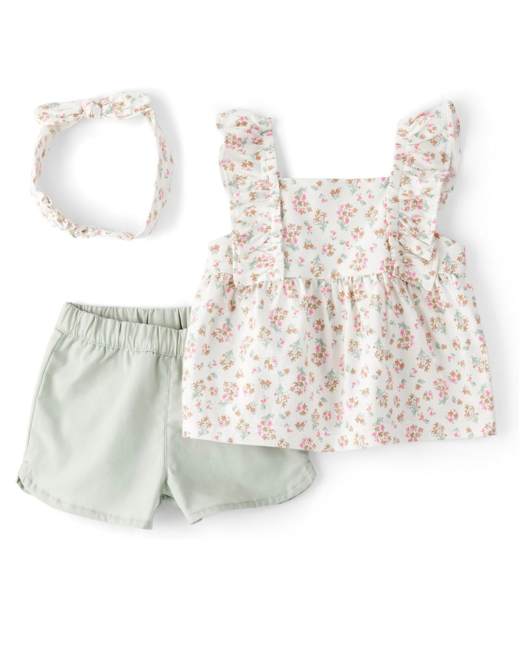 Conjunto Floral Verde Blusa + Short + Diadema Bebé Niña