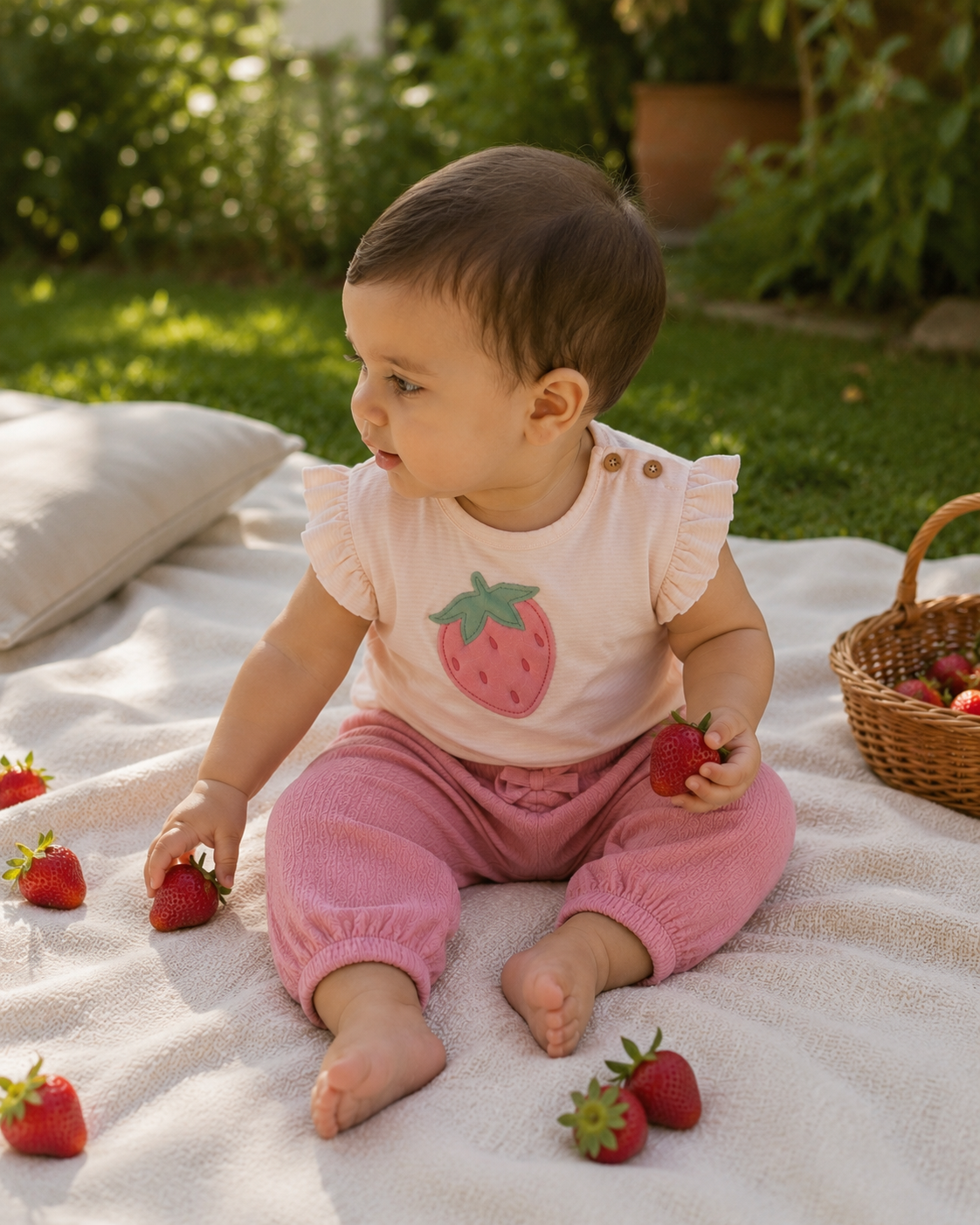 Conjunto Fresa Rosa Camiseta + Pantalón + Diadema Bebé Niña