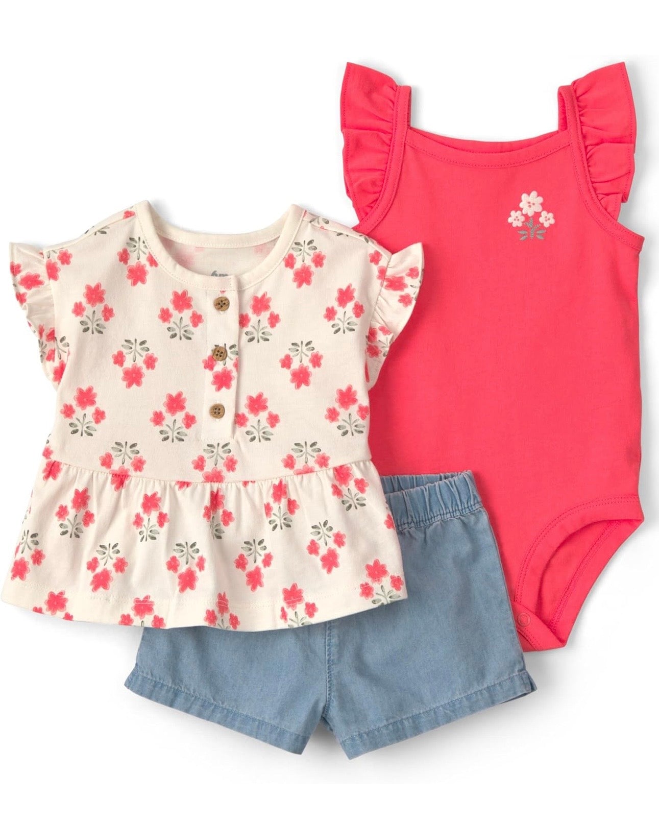 Conjunto Rosa/Beige Floral Blusa + Short + Bodie Bebé Niña