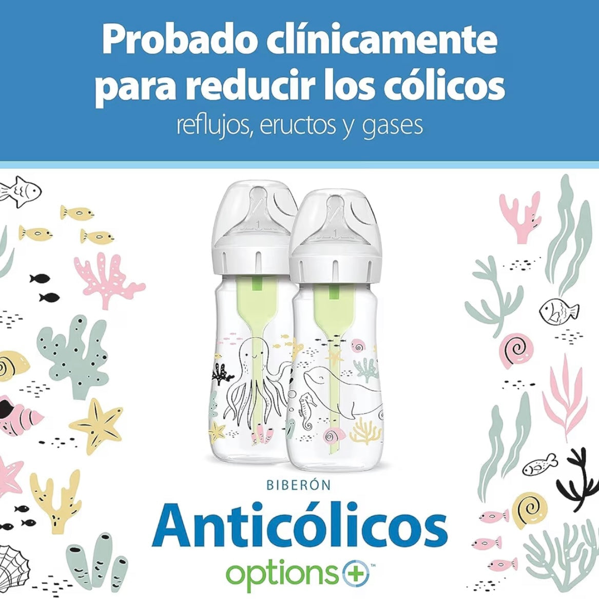 Dr. Brown’s 2 Biberones Cuello Ancho Anti-Colic Options 9 onzas, Tetina de Flujo Lento Nivel 1, 0m+