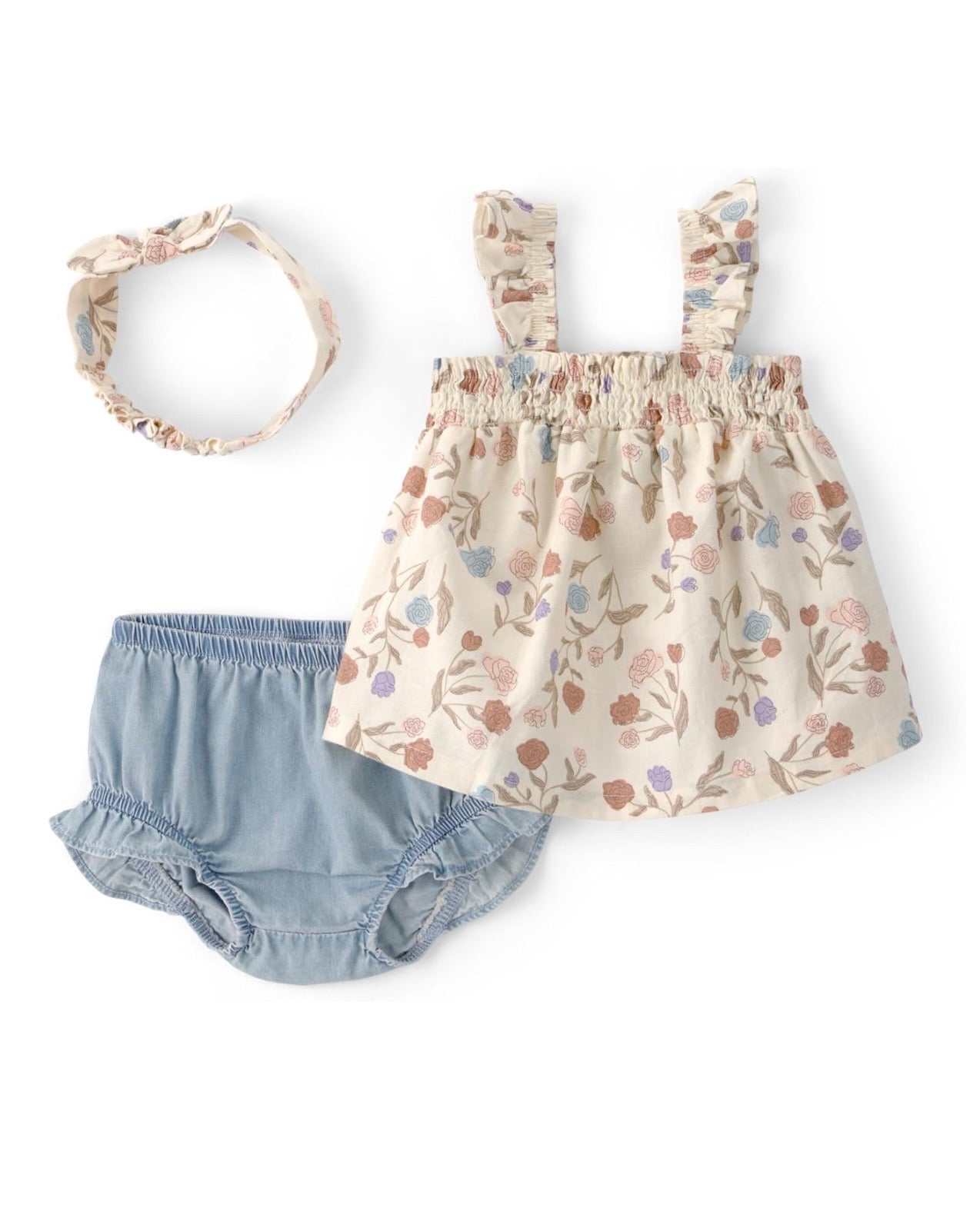 Conjunto de 3 piezas blusa + cubre pañal + diadema elástica bebé niña