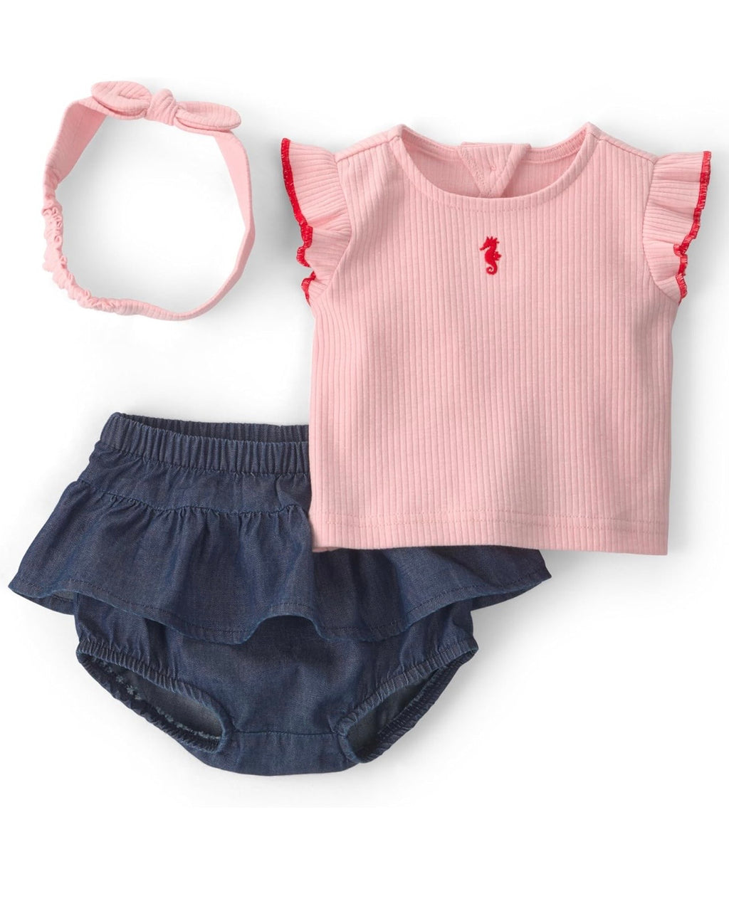Conjunto Rosa Chambray Blusa + Short Cambray + Diadema Bebé Niña