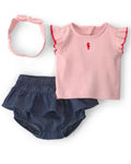 Conjunto Rosa Chambray Blusa + Short Cambray + Diadema Bebé Niña