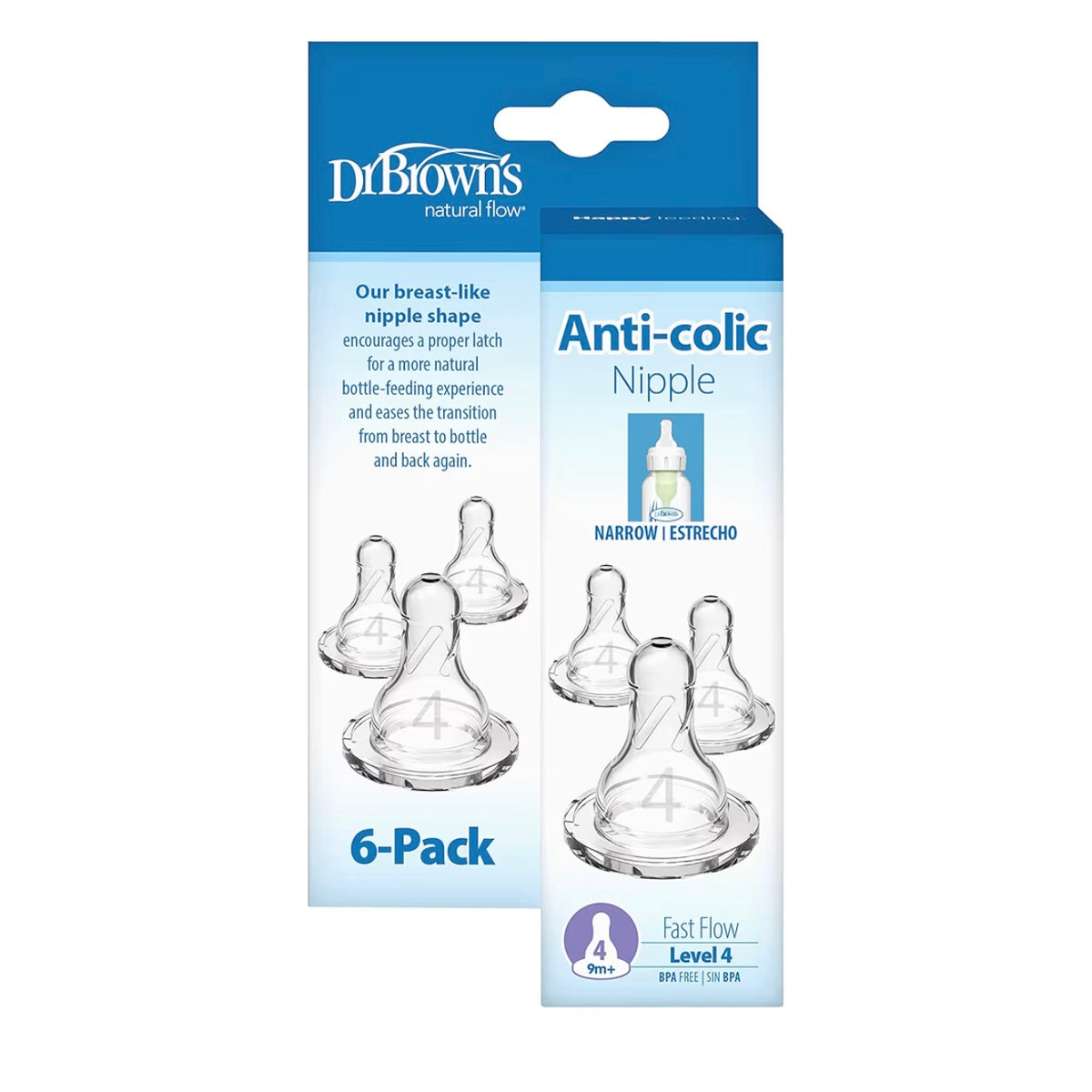 Dr. Brown’s Paquete de 6 Tetinas Natural Flow Cuello Estrecho de Flujo Nivel 4, 9m+