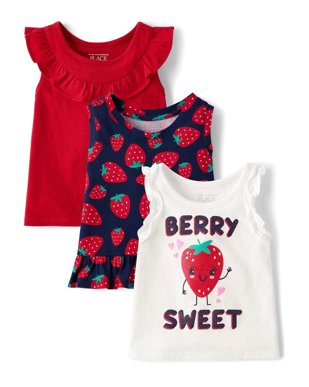 Pack de 3 Camisetas sin Mangas Estampado de Fresas - Rojo