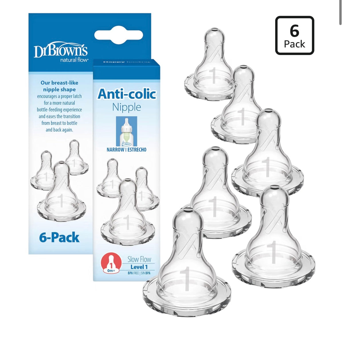 Dr. Brown’s Paquete de 6 Tetinas Natural Flow Cuello Estrecho de Flujo Nivel 1, 0m+