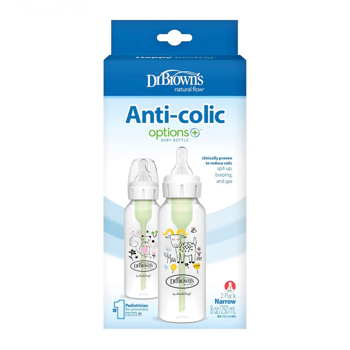 Dr. Brown’s 2 Biberones Anti-Colic Options 8 onzas, Tetina de Flujo Lento Nivel 1, 0m+