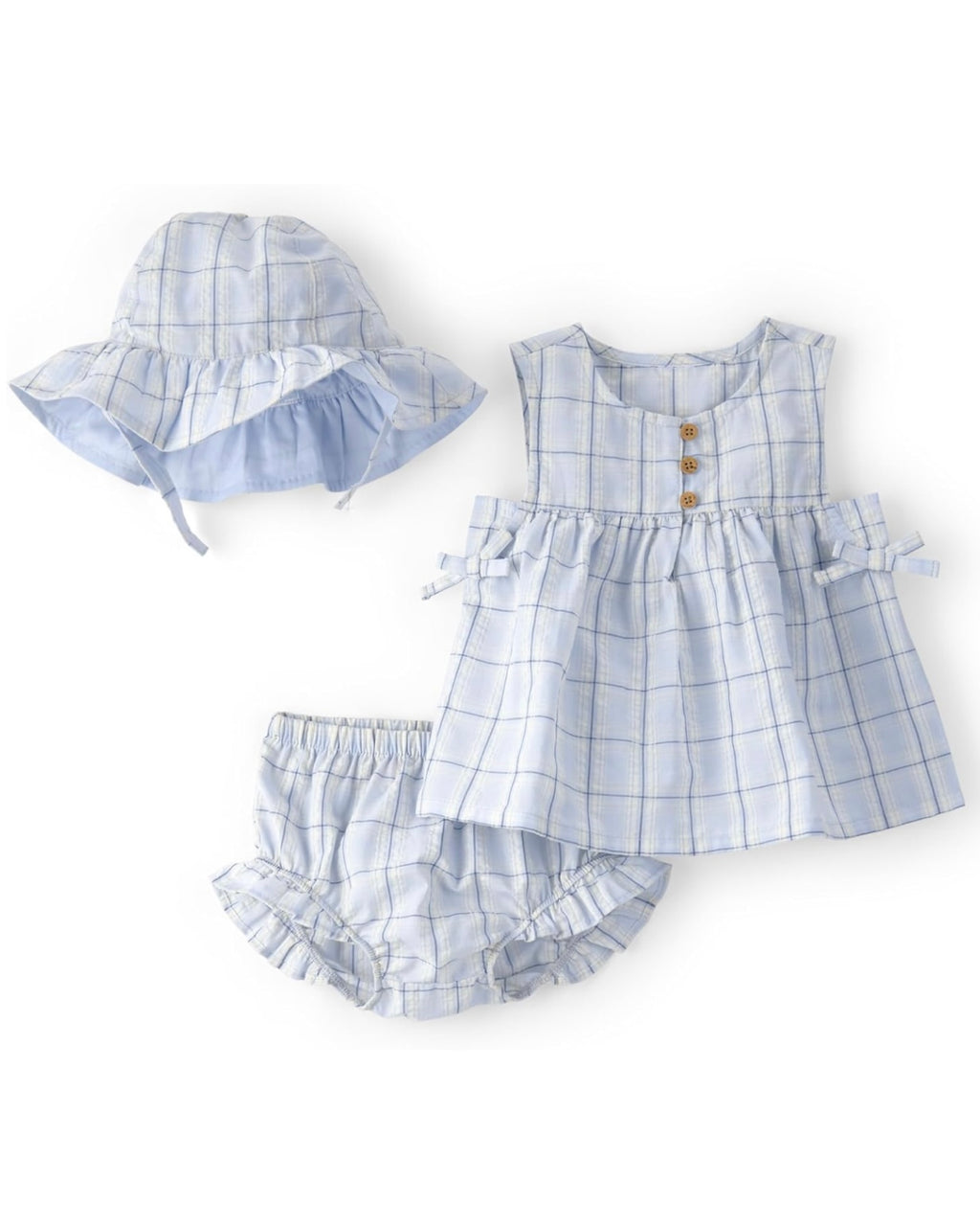 Conjunto Blue Gingham Blusa + Cubre Pañal + Sombrero Bebé Niña