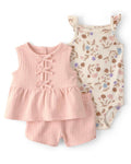 Conjunto Rosado/Crema Blusa + Short + Bodie Bebé Niña