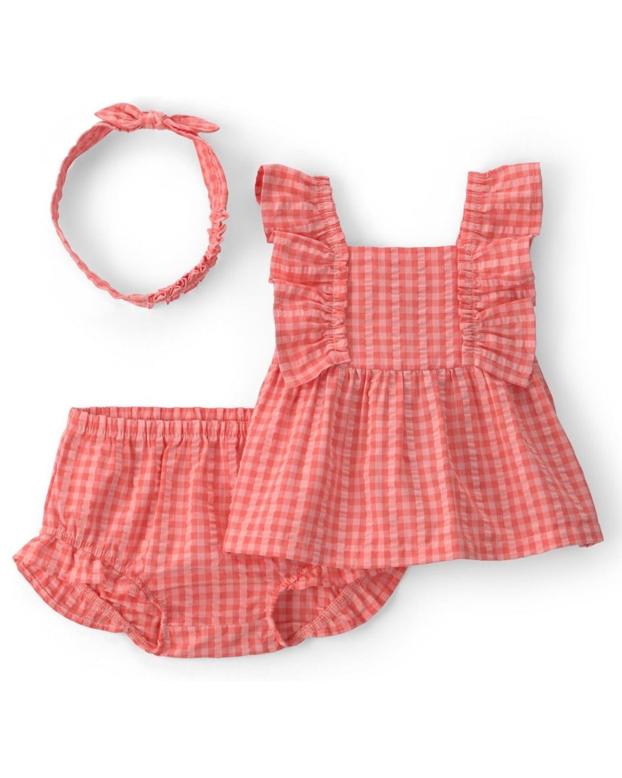 Conjunto Rojo check de 3 piezas blusa + cubre pañal + diadema bebé niña