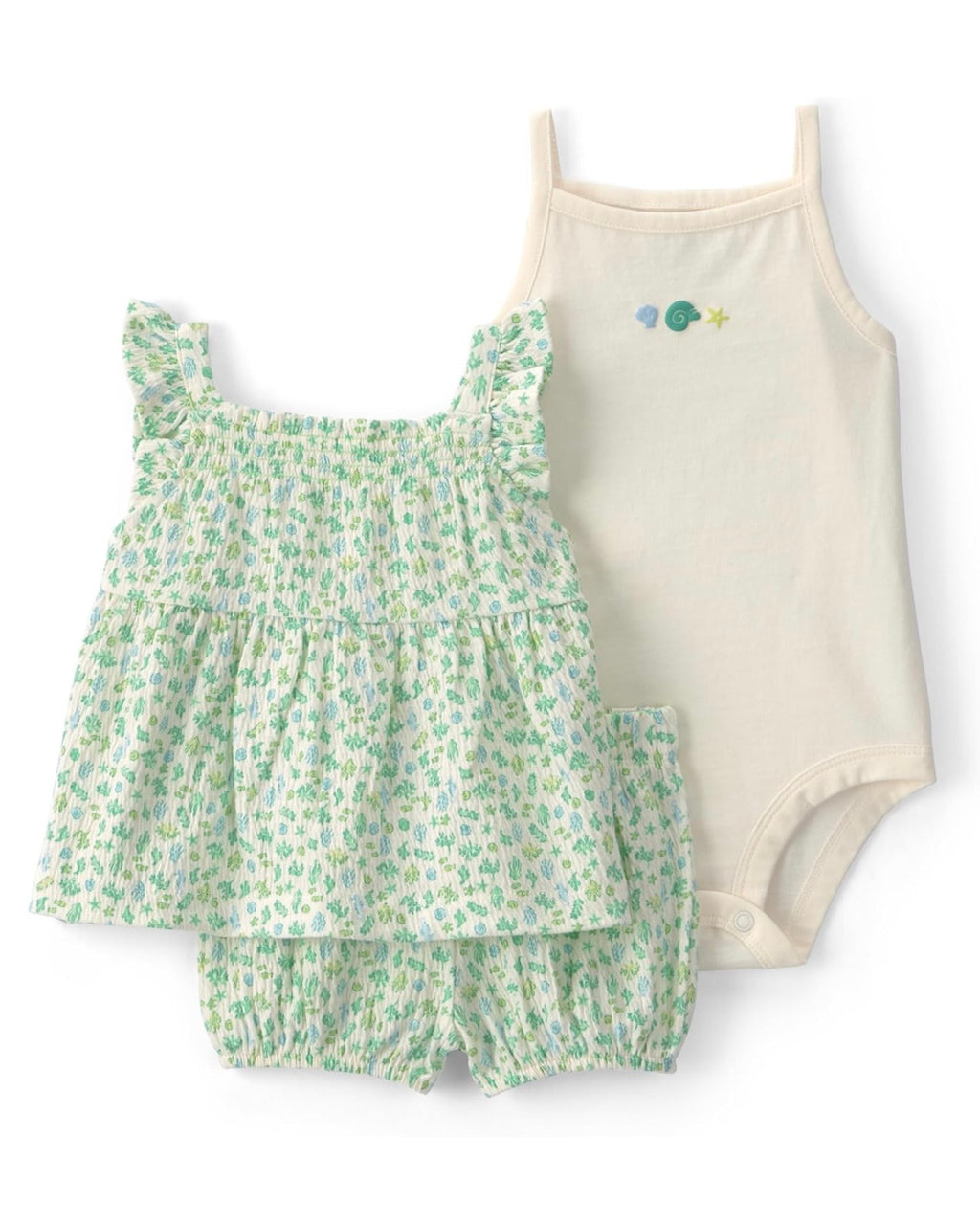 Conjunto Conchas Verdes Blusa + Short + Bodie Bebé Niña
