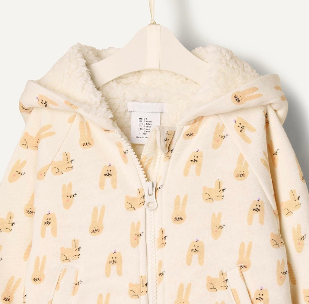Chaqueta de Felpa con Capucha Conejos Marfil